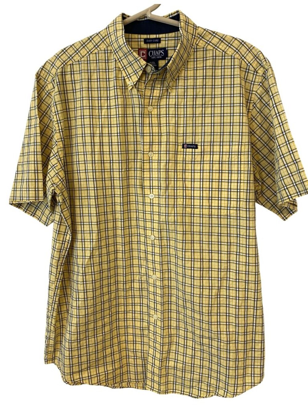 CHAPS Mens L Yellow Plaid Easy Care Short Sleeve Button Down Shirt Preppy
